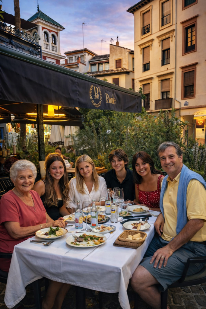 Student having dinner with host family in Seville Spain during high school immersion program